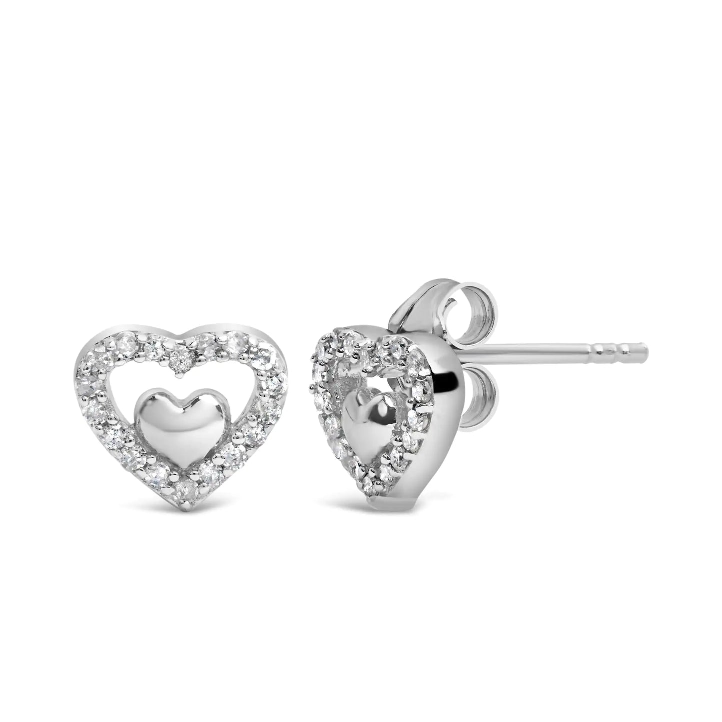 925 Sterling Silver 1/6 Cttw Diamond Open Double Heart Stud Earrings - Choice of Diamond Color