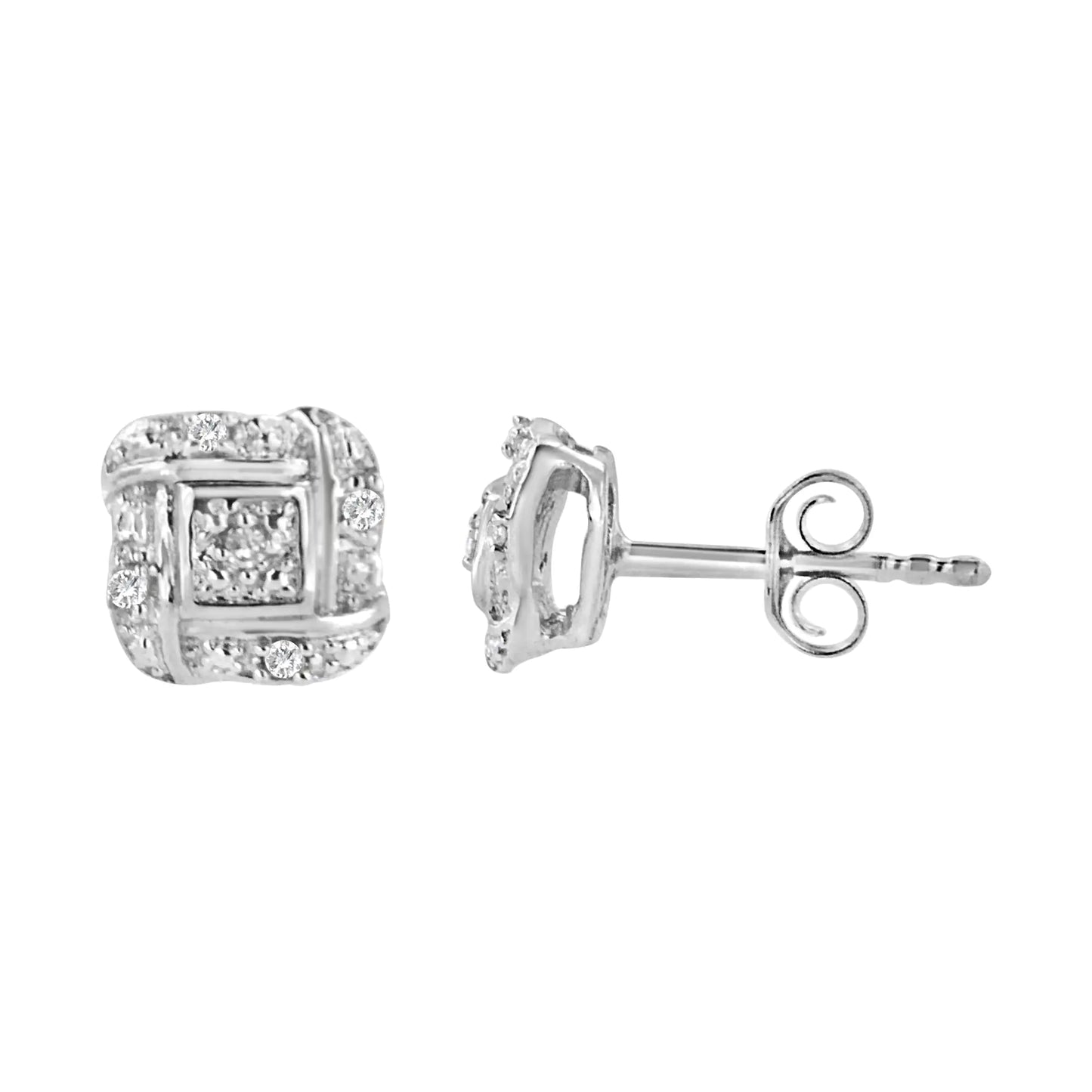 Sterling Silver Round Cut Diamond Square Stud Earrings (0.04 cttw, H-I Color, I2-I3 Clarity)